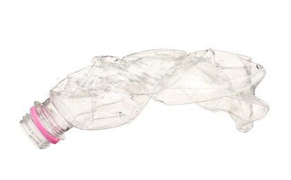 Photo of Crumpled disposable plastic bottle isolated on white