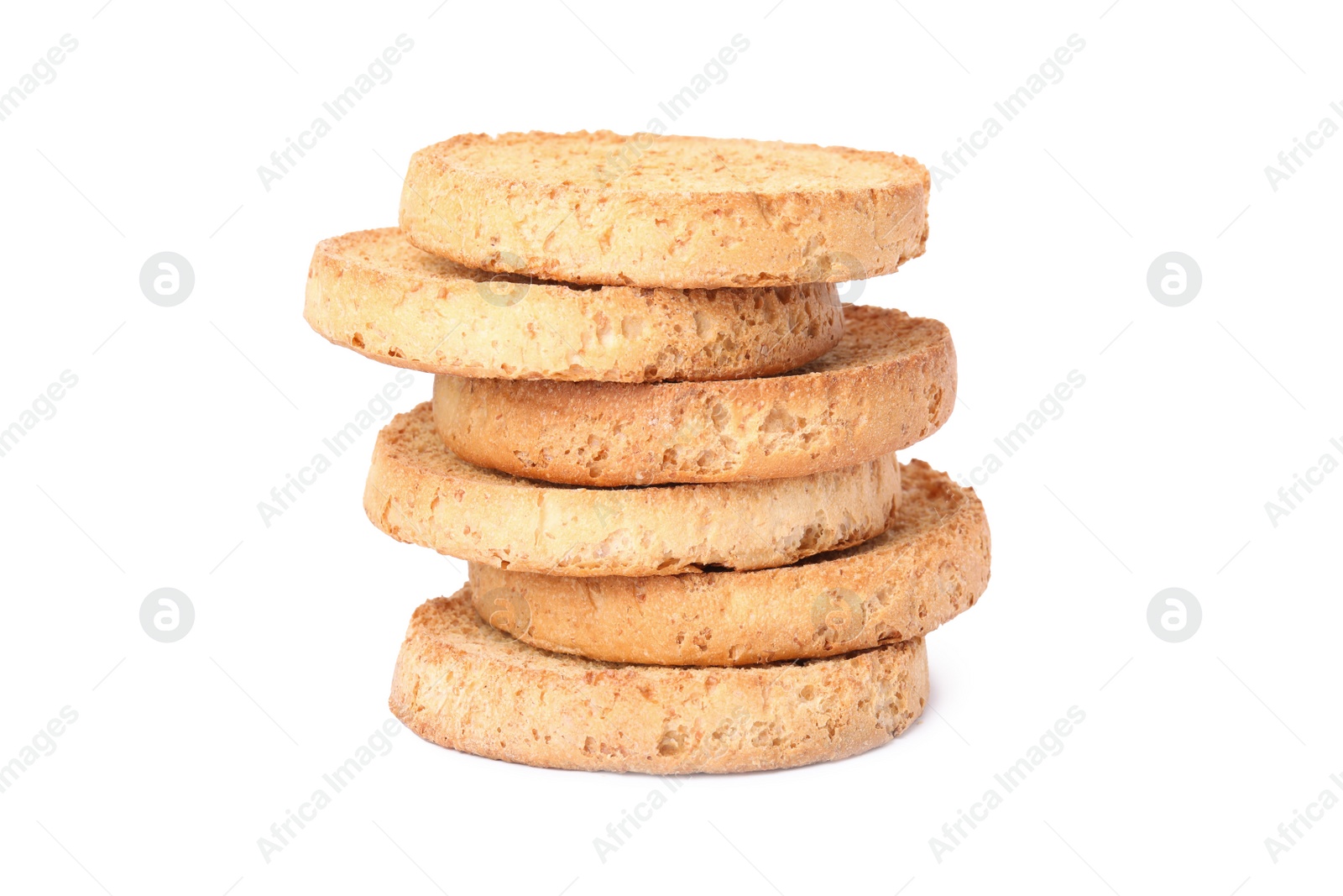 Photo of Stack of tasty organic rusks isolated on white