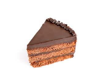 Piece of tasty chocolate cake isolated on white