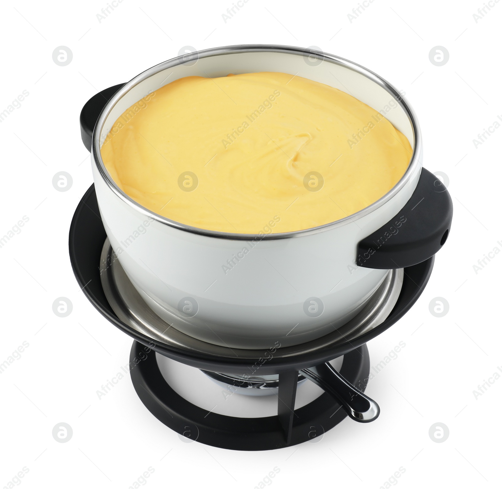 Photo of Fondue pot with tasty melted cheese isolated on white