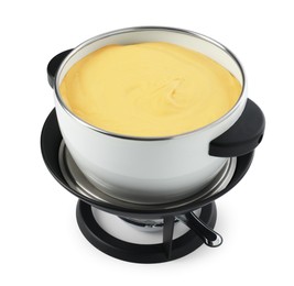 Fondue pot with tasty melted cheese isolated on white