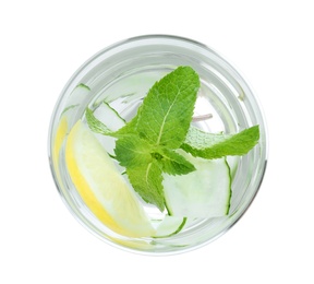 Photo of Refreshing water with cucumber, lemon and mint isolated on white, top view