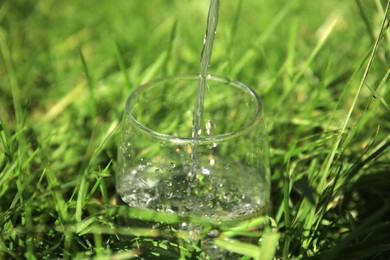Photo of Pouring pure water into glass in grass outdoors on sunny day