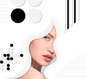 Stylish creative artwork with portrait of beautiful woman and different geometric figures on white background