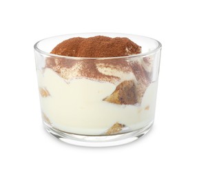 Photo of Delicious tiramisu in glass isolated on white