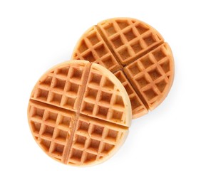 Photo of Two tasty Belgian waffles isolated on white, top view