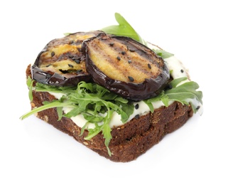 Photo of Delicious fresh eggplant sandwich isolated on white