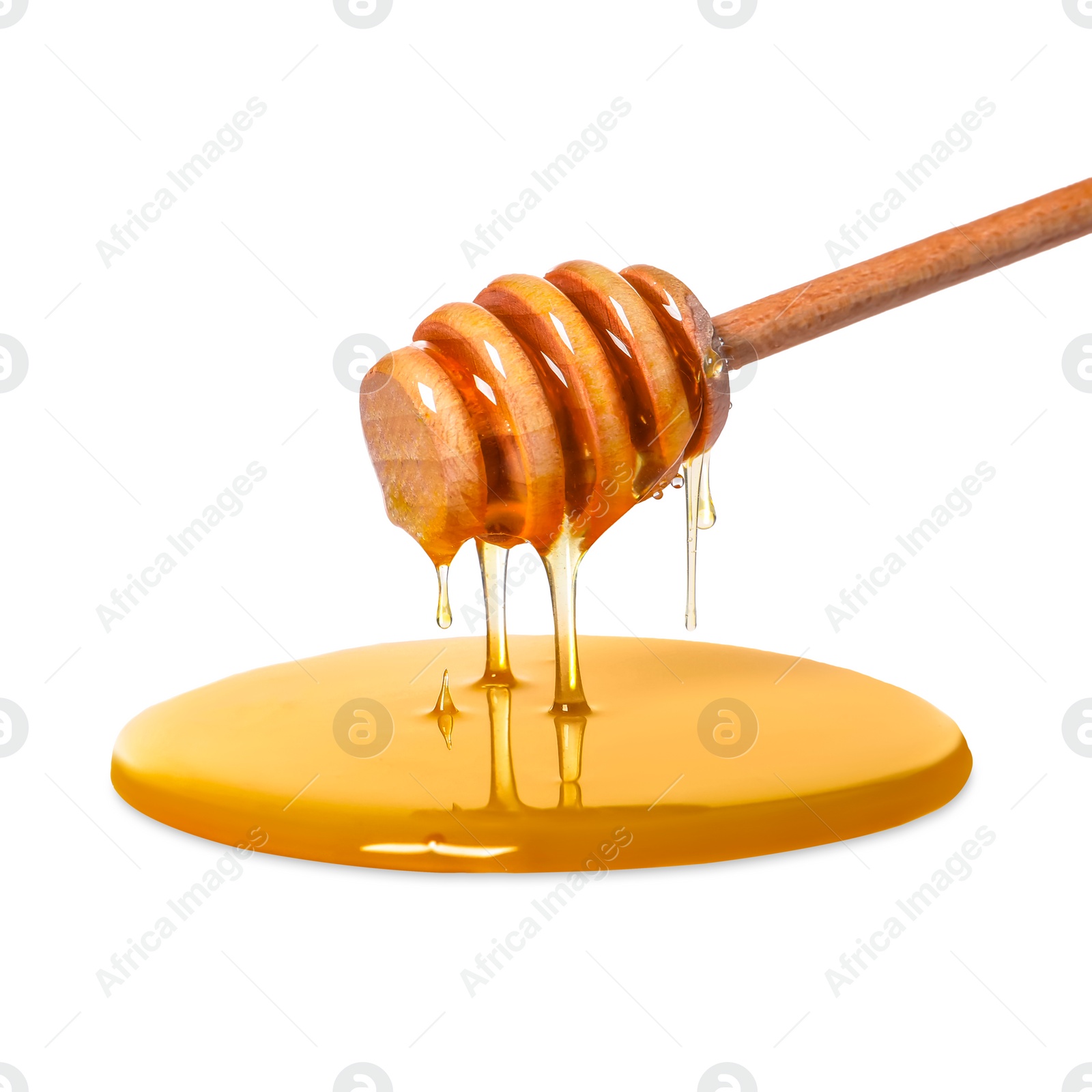 Image of Natural honey dripping from dipper on white background