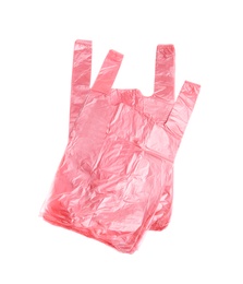 Photo of Stack of plastic bags isolated on white, top view