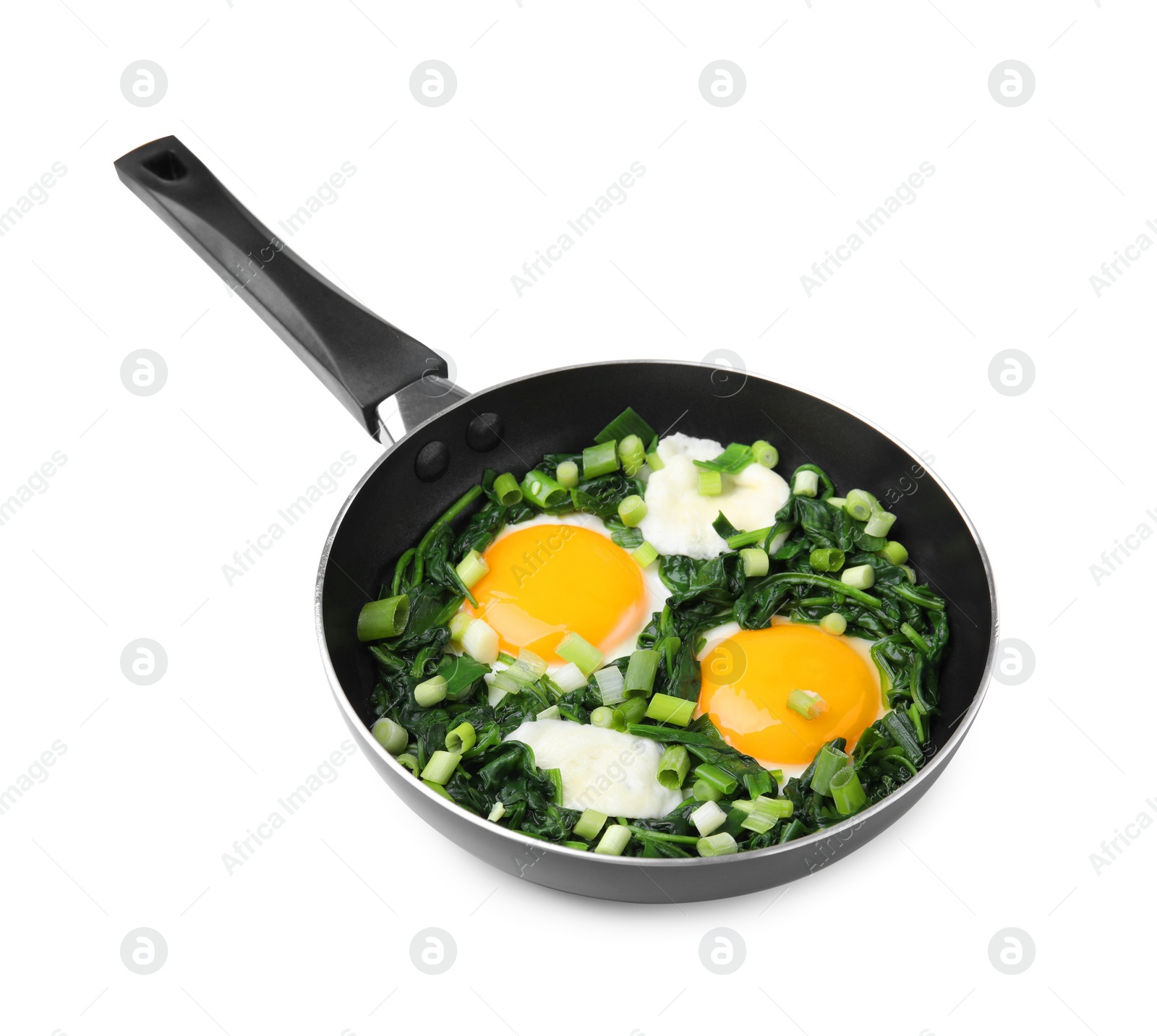 Photo of Pan with green shakshuka isolated on white