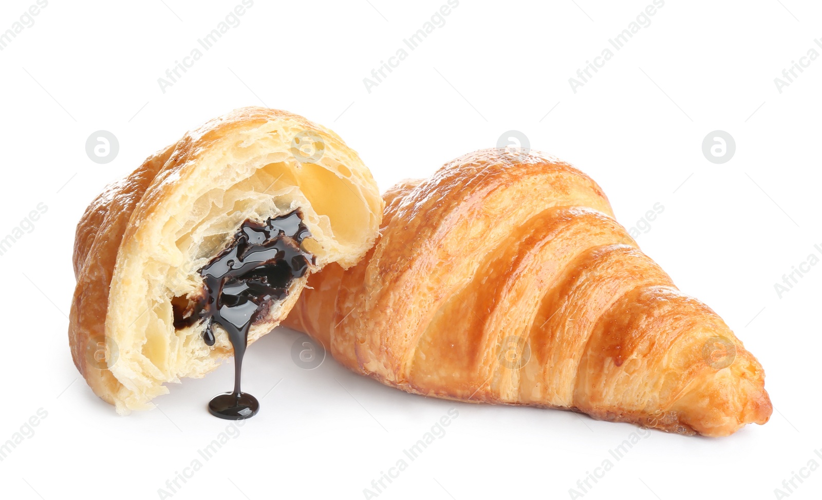 Photo of Tasty croissants with chocolate on white background. French pastry