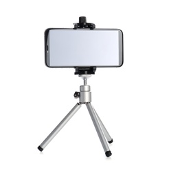 Photo of Smartphone with blank screen fixed to tripod on white background, mockup for design