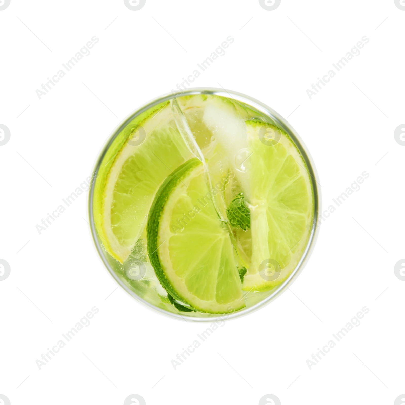 Photo of Delicious mojito isolated on white, top view