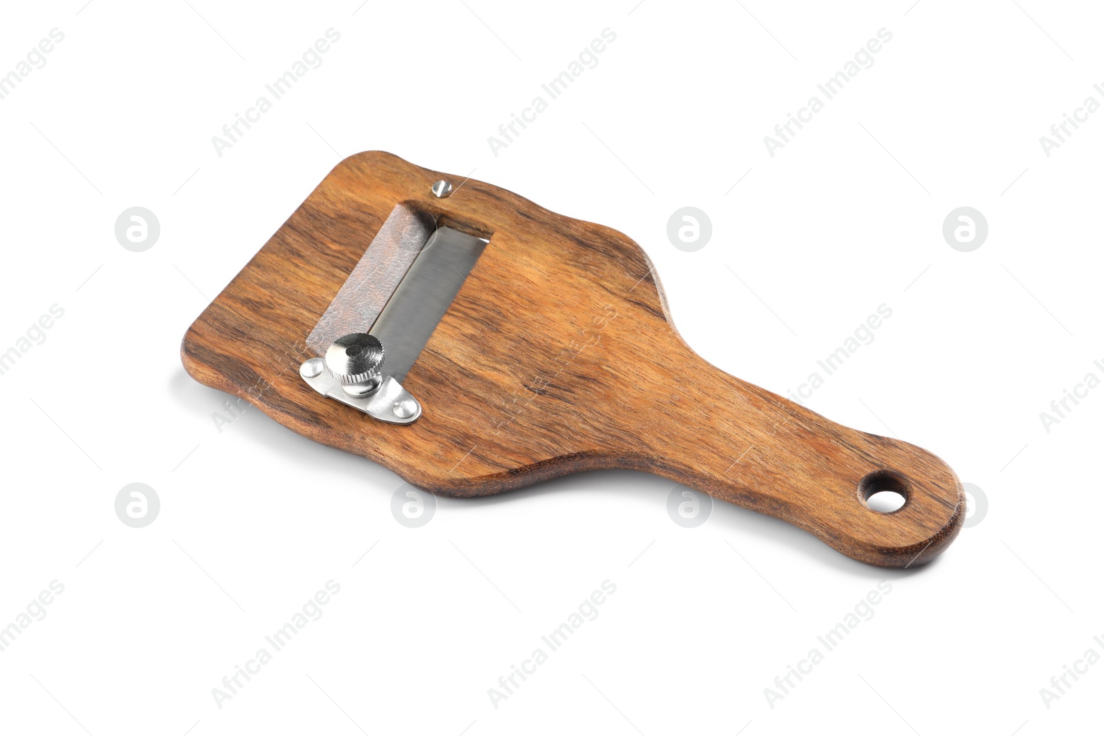 Photo of Wooden truffle slicer with stainless steel blade isolated on white