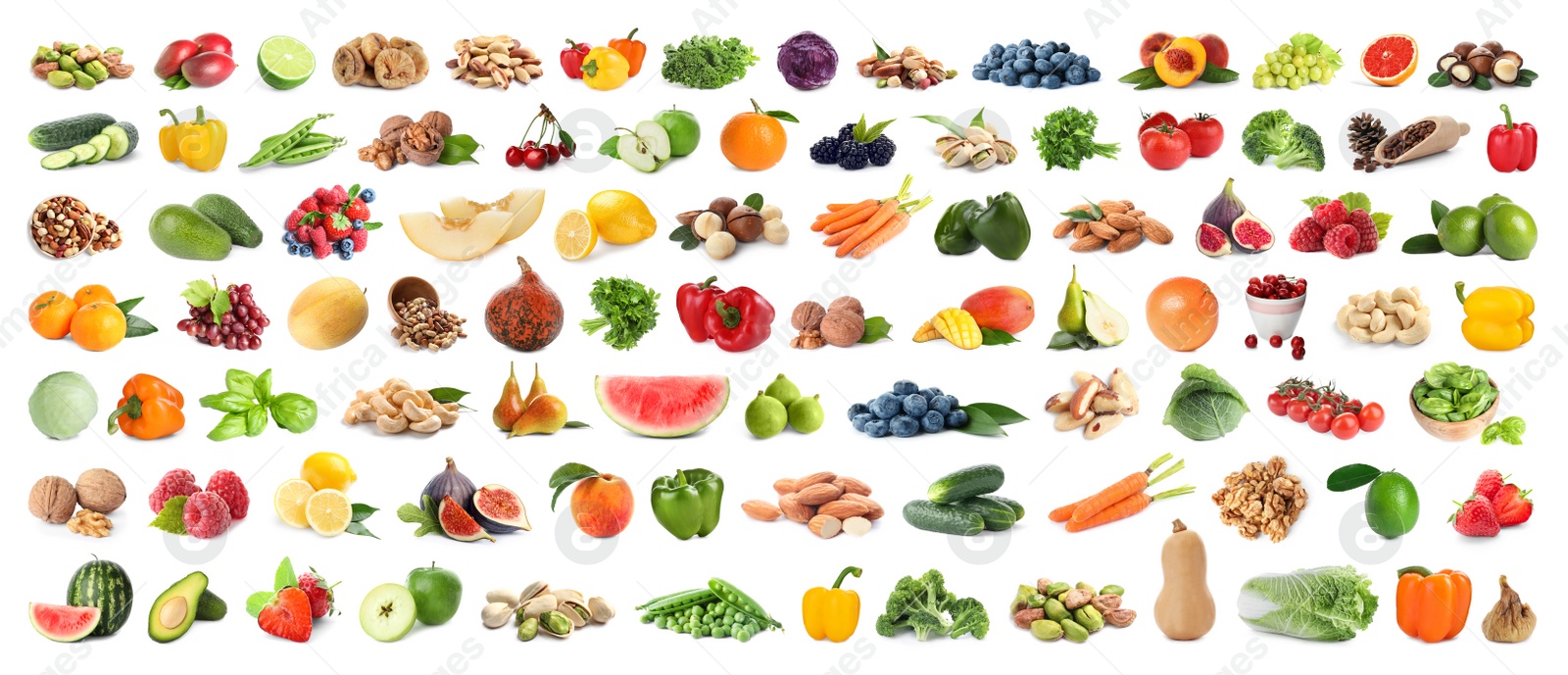 Image of Set of fruits, vegetables. berries and nuts on white background. Banner design