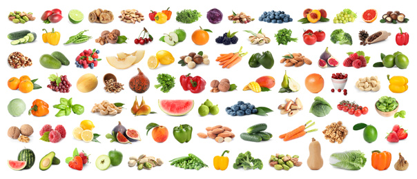 Image of Set of fruits, vegetables. berries and nuts on white background. Banner design