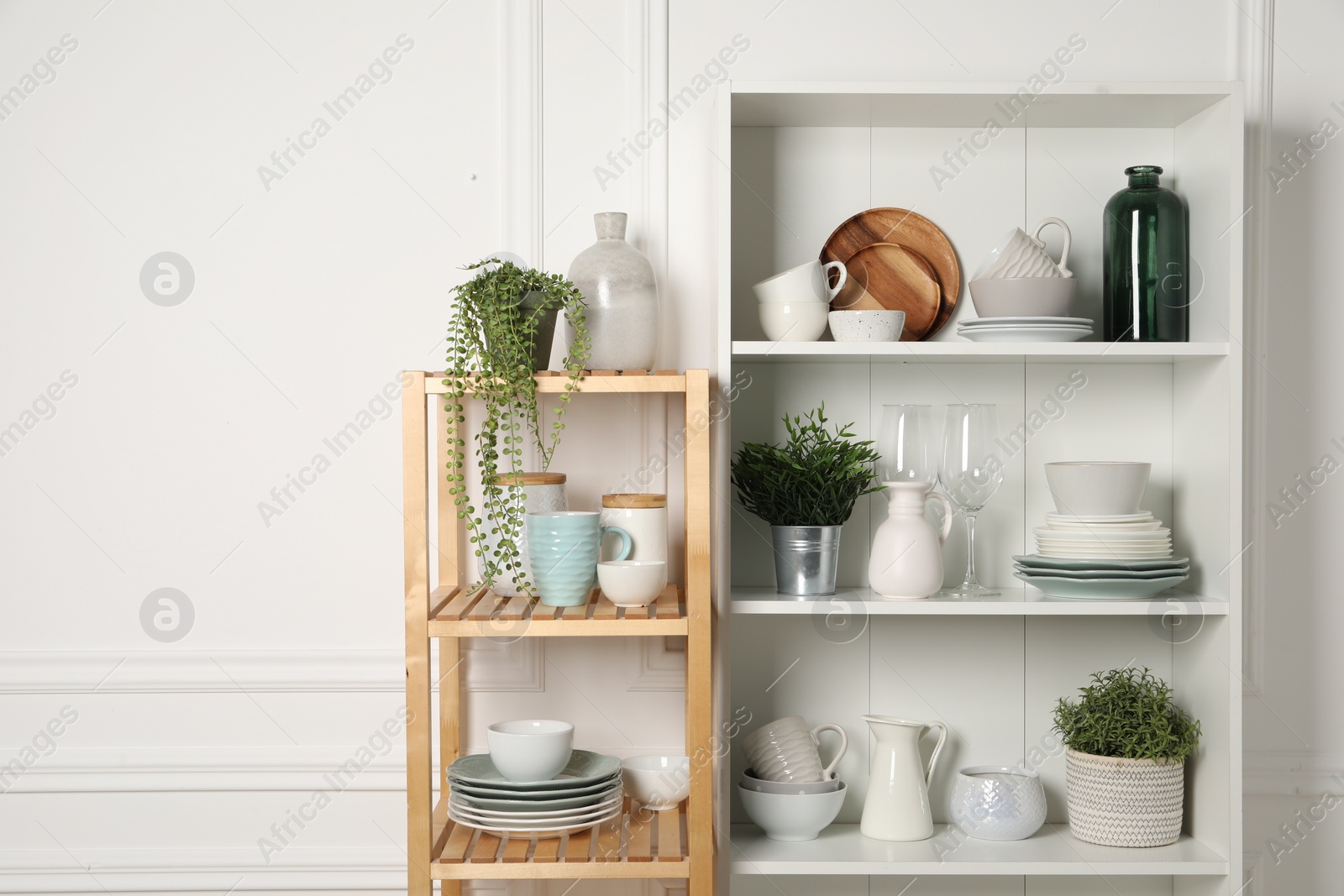 Photo of Different clean dishware and houseplants on shelves in cabinet indoors. Space for text