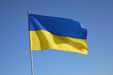 Photo of National flag of Ukraine against blue sky