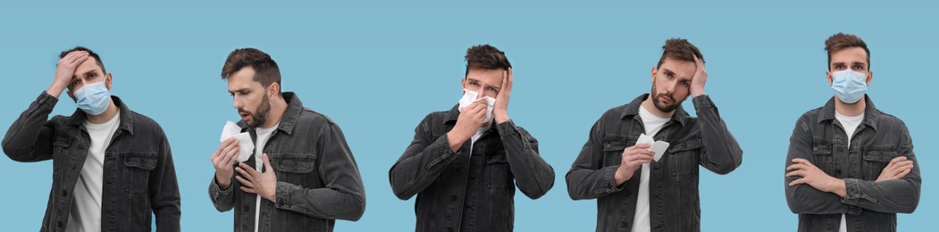 Image of Collage with photos of man with cold symptoms on turquoise background. Banner design