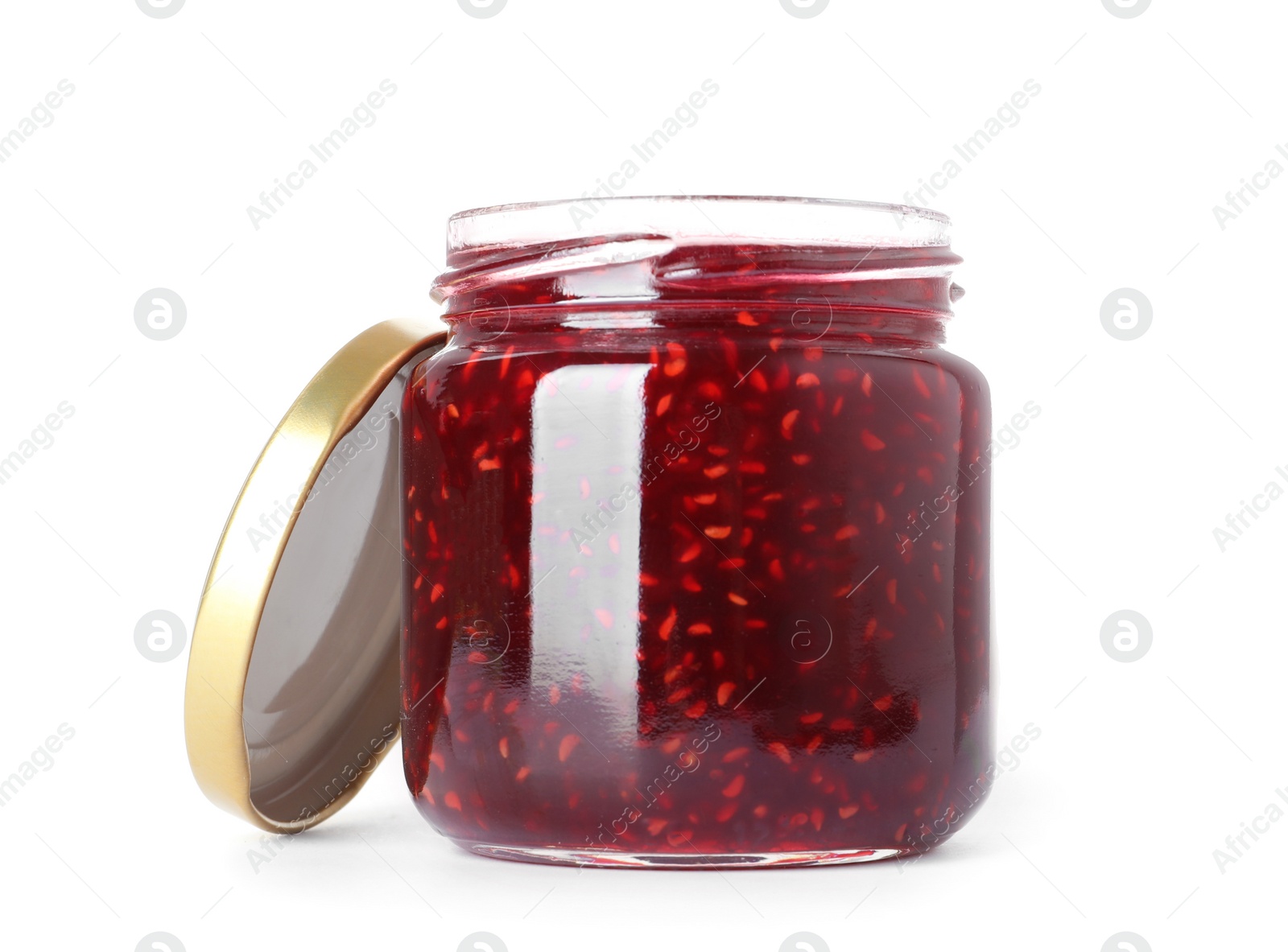 Photo of Jar of raspberry jam isolated on white