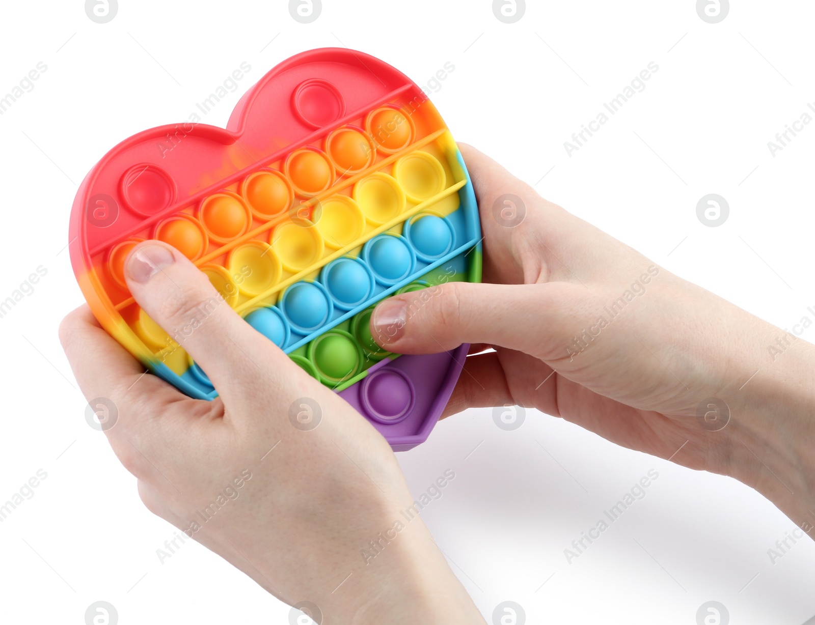 Photo of Woman using pop it fidget toy on white background, closeup