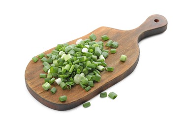 Wooden board with chopped green onion isolated on white
