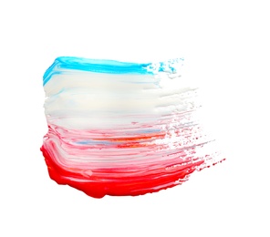 Photo of Abstract brushstroke of mixed color paint isolated on white