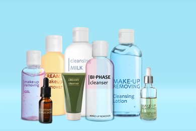 Collection of different makeup removal products on light blue background