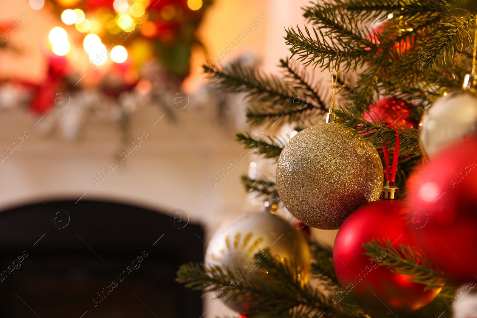 Photo of Christmas tree with beautiful decor indoors, closeup. Space for text