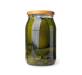 Photo of Jar with pickled cucumbers on white background