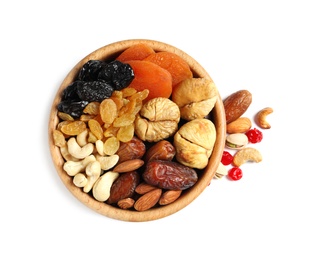 Photo of Bowl with different dried fruits and nuts on white background, top view