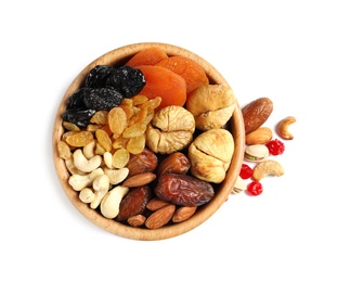 Bowl with different dried fruits and nuts on white background, top view