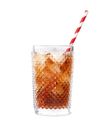 Photo of Glass of refreshing cola with ice cubes and straw on white background