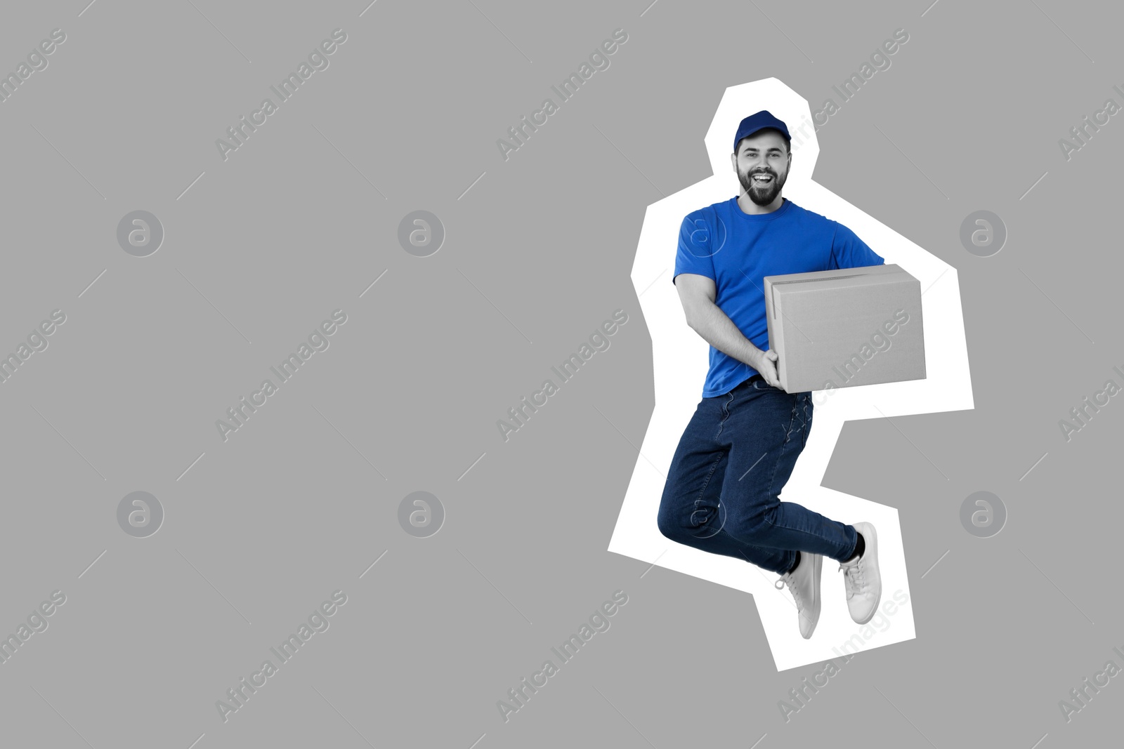 Image of Happy courier with parcel jumping on grey background, space for text