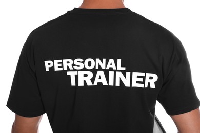 Photo of Personal trainer on white background, back view. Gym instructor