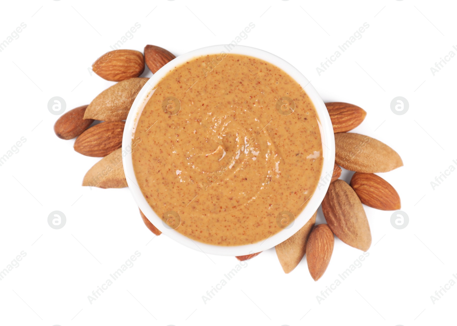 Photo of Delicious nut butter and almonds isolated on white, top view