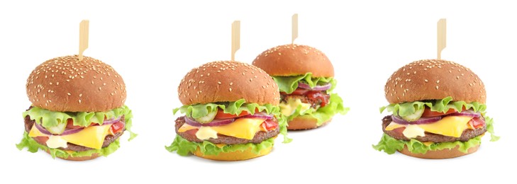 Image of Collage with delicious burgers on white background