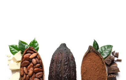 Composition with cocoa pods and chocolate on white background, top view