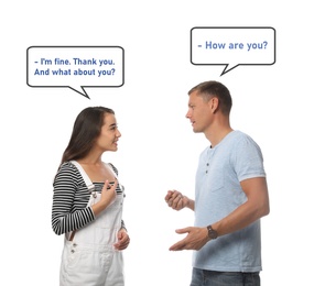 Man and woman talking on white background. Dialogue balloons with phrases in English over them