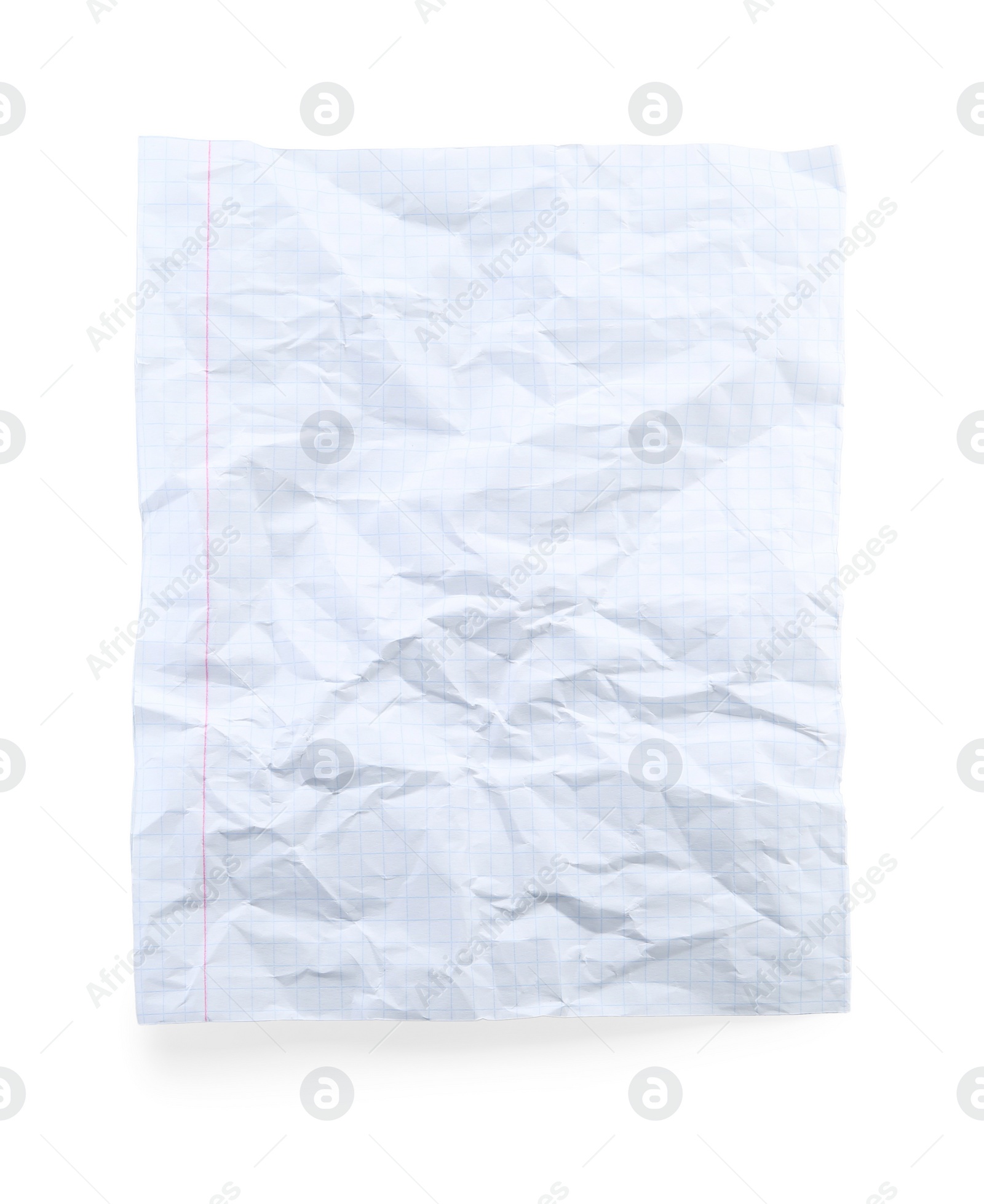 Photo of Crumpled checkered notebook sheet isolated on white, top view