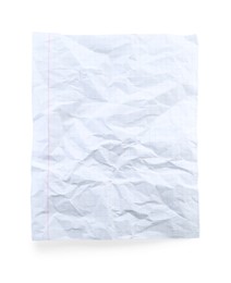 Crumpled checkered notebook sheet isolated on white, top view
