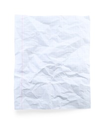 Photo of Crumpled checkered notebook sheet isolated on white, top view