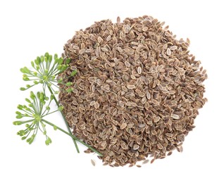 Photo of Heap of dry seeds and fresh dill flowers isolated on white, top view