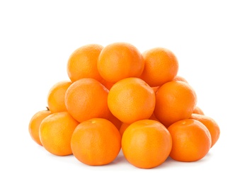 Heap of fresh ripe tangerines on white background