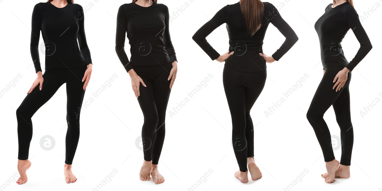 Image of Collage of woman wearing thermal underwear isolated on white