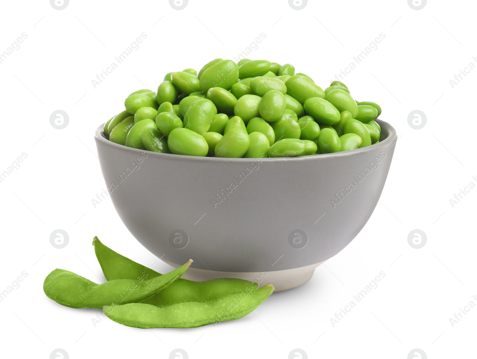 Photo of Bowl with fresh edamame soybeans and pods on white background