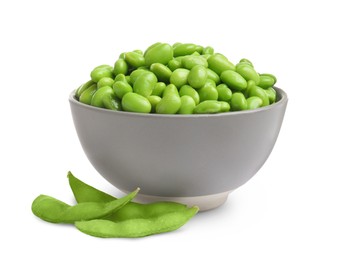 Bowl with fresh edamame soybeans and pods on white background