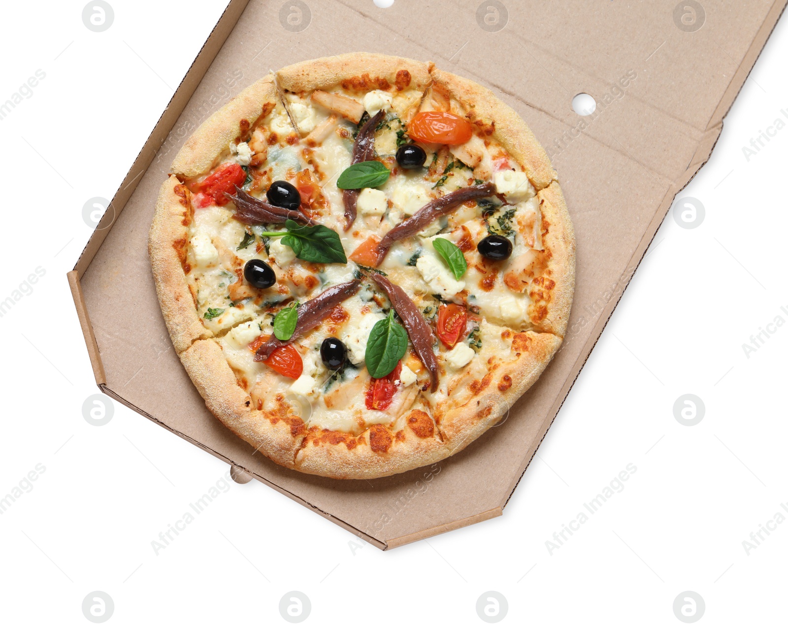 Photo of Tasty pizza with anchovies, arugula and olives in cardboard box isolated on white, top view