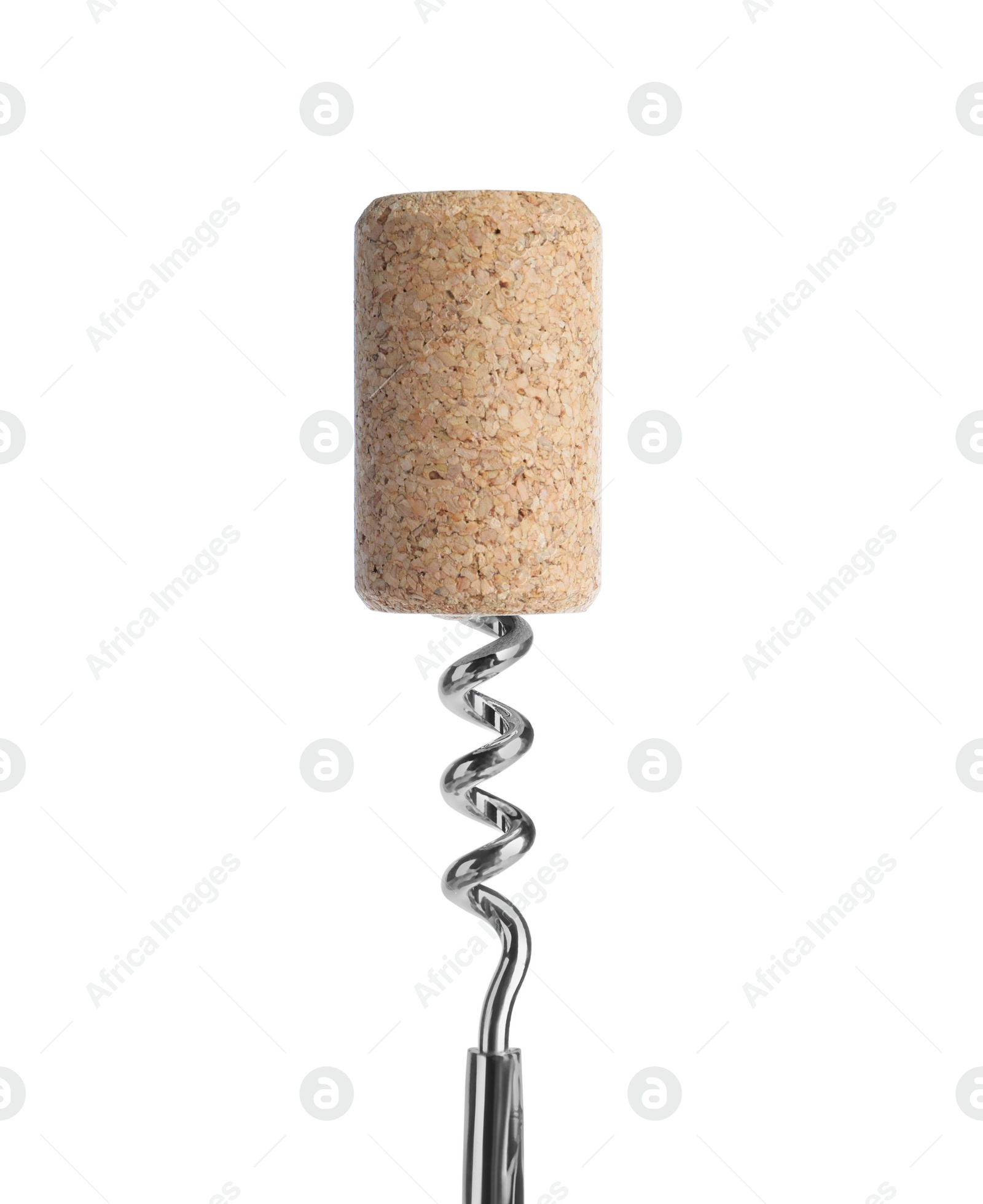 Photo of Corkscrew with wine cork on isolated background. Domestic tool