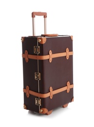 Photo of Fashionable brown suitcase on white background